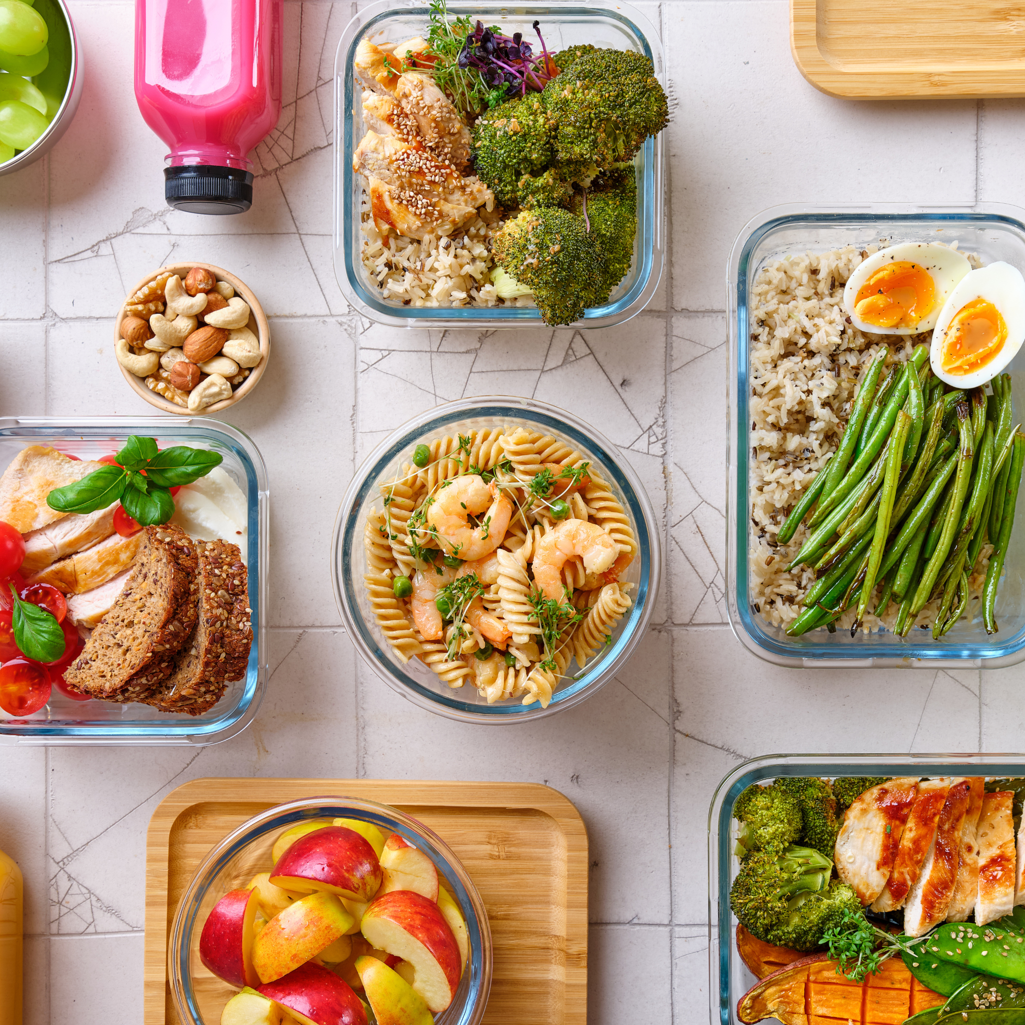 meal prep containers with healthy meals in them